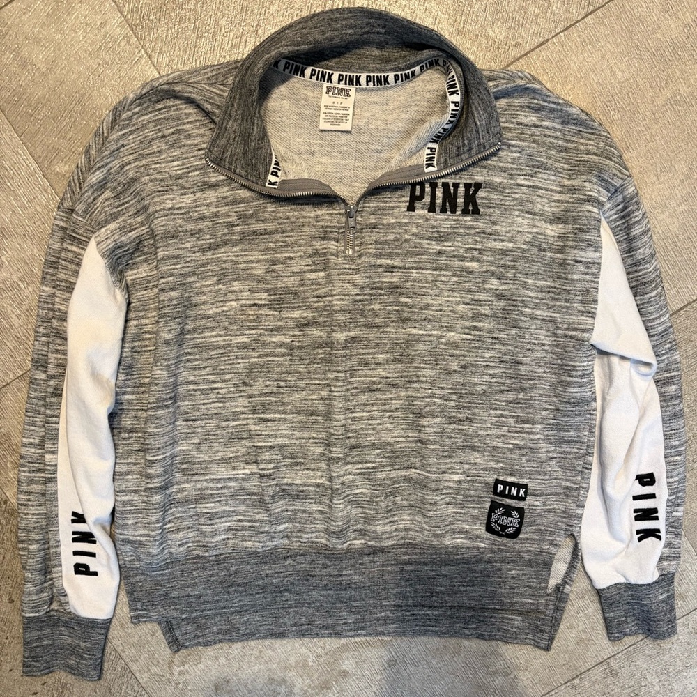 PINK Victoria's Secret Gray & White Quarter-Zip Pullover Sweatshirt